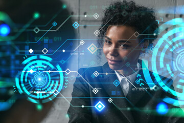 Two businesswomen work together in modern office on new project. Double exposure. Concept of success. Tech hologram.