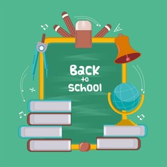 back to school background with blackboard,book,globe,eraser,pencil and chime flat design