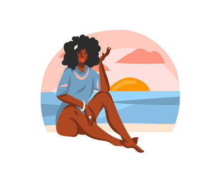 Hand drawn vector abstract stock flat graphic illustration with young happy black afro american beauty female,sitting on sundown beach scene isolated on white background
