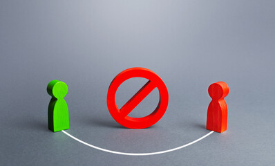 Two people figures are connected bypassing red prohibition sign NO. Collaboration, doing business through illegal methods, loopholes in law. Sanctions and restrictions on freedom. Violation of rules