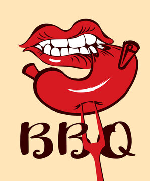 Bbq or barbecue banner, invitation card, flyer. Vector illustration in a flat style with lettering BBQ and a human mouth that bites a red fried sausage from a fork