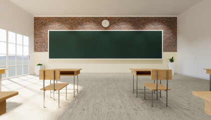 3d rendering of new normal classroom interior and spacing tables and chairs to prevent the spread of the covid-19 virus on wood floor and empty green board background.
