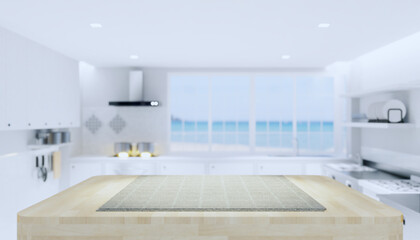 kitchen interior background with counter or table. Decoration top surface by wood texture and tablecloth. Include blur window, cooker hood and empty space for mockup or product display. 3d render.