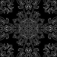 White abstract floral mandala with vintage and wavy elements on black background. Seamless decorative pattern. 