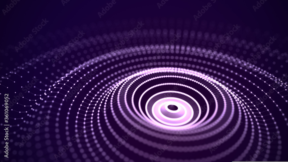 Poster Music and sound splash with ripples. Flowing round round wave with dots. 3d rendering.