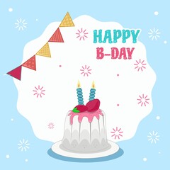 happy birthday cake with tart cake,balloon, give and birthday ornament flat design
