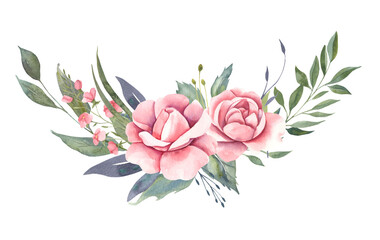 Watercolor floral illustration - bouquet with  pink flowers, roses, green leaves, for wedding stationary, greetings, wallpapers, fashion, backgrounds, wrappers, cards.