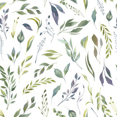 Watercolor floral seamless pattern with different green field leaves. Autumn seamless pattern.