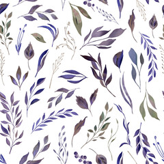 Watercolor floral seamless pattern with different field violet leaves. Autumn seamless pattern.