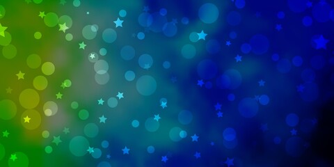 Light Blue, Green vector background with circles, stars. Abstract illustration with colorful spots, stars. Pattern for design of fabric, wallpapers.