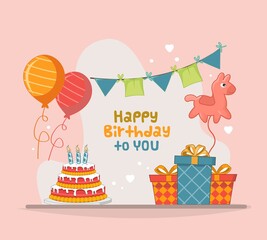 happy birthday to you with cake,give,balloon,and flag decoration flat design