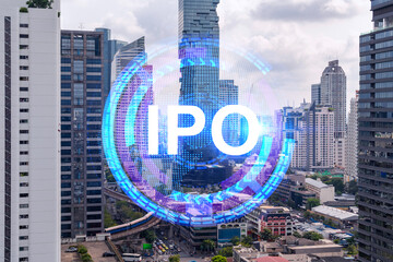 IPO icon hologram over panorama city view of Bangkok, the hub of initial public offering in Asia....
