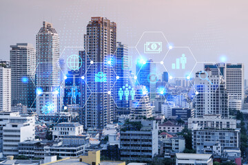 Research and development hologram over panorama city view of Bangkok, hub of new technologies to...