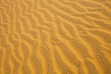 Sand dune in the desert. View on the sandy slope from the top of the sand dune. Sand texture. Sand pattern full frame photography. Sand dune surface in the hot sunny day. Sand ripples close-up. 