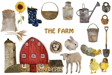 Voile Gardinen Bauernhof Bauernhof-Aquarell-Elemente-Set, Landwirtschaft und Landwirtschaft handgezeichnete Illustration. Bauernbauer. Scheunenbau, Ernte, Bauernwerkzeuge, Tiere.