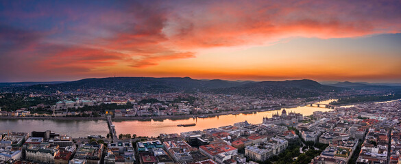 Budapest, Hungary - Aerial panoramic skyline view of Budapest with a dramatic colorful sunset and...