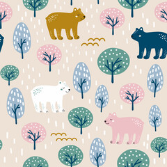 Seamless woodland pattern with cute bear and hand drawn elements.