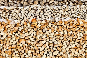 Stacked firewood close-up. Firewood storage close up. Stocks of wooden logs close-up. Chopping wood. Logging in the village. Rustic lifestyle. Woodpile with firewood full frame image. Wooden texture.