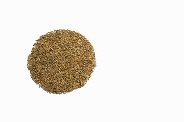 Grains of wheat, barley, rye, oat on white background close up, natural dry grain in the form of a smooth circle on the left side, wheat grains, isolated, top view. Free space for text