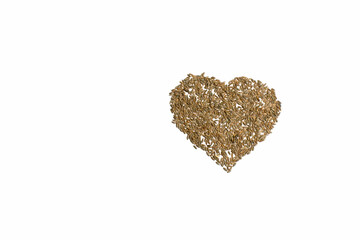 Grains of wheat, barley, rye, oat on white background close up, natural dry grain in the form of a tidy heart on the right side, top view. Free space for text. Concept photo love of nature