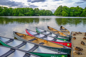 Canoes and kayaks tied to wooden pontoon of sleeping ducks on Salhouse Broad