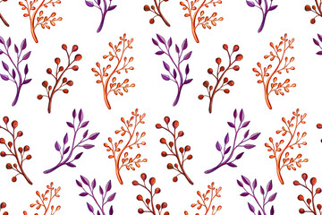 Hand drawn marker illustration of plant branch. Seamless pattern with floral design element. Spring and summer symbol