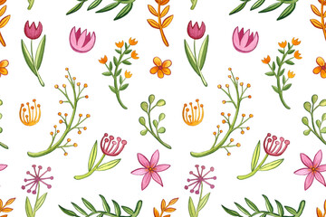Seamless pattern with watercolor flowers. Hand drawn aquarelle illustration. Beautiful botanical drawing. Colorful flower heads and herbs