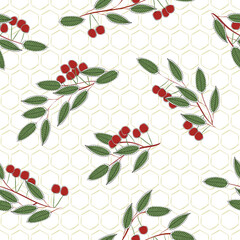 Vector Cherry Branches with Red Cherries and Green Leaves on White Background Seamless Repeat Pattern. Background for textiles, cards, manufacturing, wallpapers, print, gift wrap and scrapbooking.