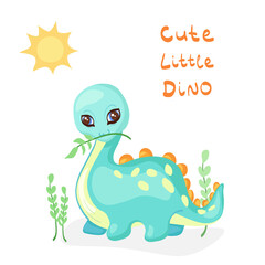 Cute little Dino vector illustration isolated on white background. Cartoon style hand drawn dinosaur with lettering for kids space, historic event, Dino party invitation, birthday party decoration.