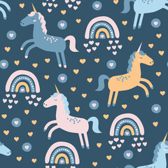 Childish seamless pattern with cute unicorn and rainbow.
