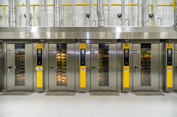 A row of commercial bread making ovens