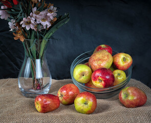 still life with apples and flowers