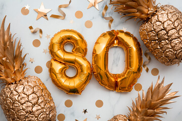 80th birthday celebration card with gold foil balloons and golden pineapples