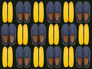 Seamless pattern. Pare blue slip-on casual male shoes with brown welt and beige sole on white background. Isolated on black. Use for print, t-shirts, textile, printing on brown paper, advertising.