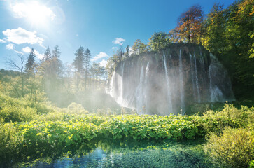 waterfall in forest, Plitvice Lakes, Croatia