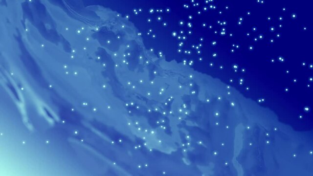 Turbulent Blue background. Snow fluid cloud. Snowflake particles in slow motion.