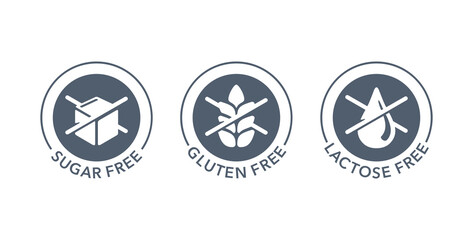 Sugar free, Gluten free, Lactose free stamps set - vector packaging marking tags - food cover decoration elements for healthy nutrition products 