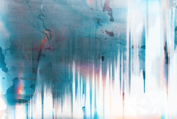 Color abstract background. Steamed glass. Water drip on blue distressed screen with glitch defect.