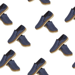 Seamless pattern. Pare blue slip-on casual male shoes with brown welt and beige sole on white background. Isolated on white. Use for print, t-shirts, textile, printing on brown paper, advertising