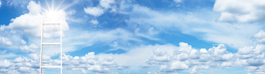 Wooden ladder leaning against clouds with blue sky and sunshine light background banner panorama