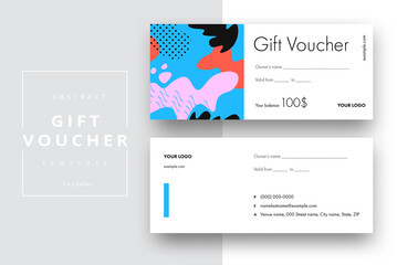 Abstract gift voucher card template. Modern discount coupon or certificate layout with geometric shape pattern. Vector fashion bright background design with information sample text.