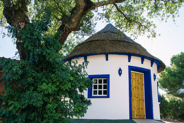 Circular house in the middle of nature. Nice country house shaped like a hut.