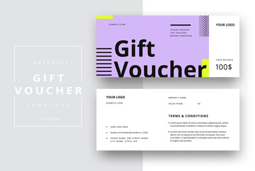 Abstract gift voucher card template. Modern discount coupon or certificate layout with geometric shape pattern. Vector fashion bright background design with information sample text.