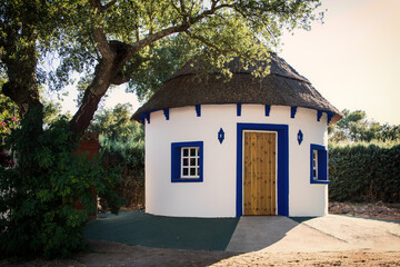 Circular house in the middle of nature. Nice country house shaped like a hut.