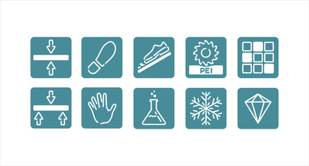 Ceramic tiles specification - characteristics icons - pictorgams set with wall and floor tiles, thickness, hardness, resistance, absorption icons for tile packaging