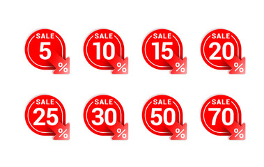 Sales tags in rounded decoration with arrow down and different percentage - 5, 10, 15, 20, 25, 30 50 and 70 - vector marketing elements set