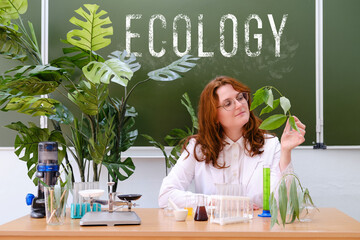A woman studies plants and conducts environmental research in test tubes. A teacher conducts an...