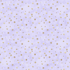 Abstract seamless pattern with 3d golden glittering polka dot on pastel purple watercolor background