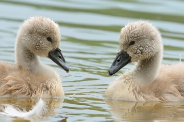 Two young mute swans, cubs floating on the water surface, closeup. Genus species Cygnus olor.
