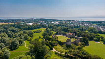 Aerial drone view of the ruins of ancient Caldicot Castle in South Wales, United Kingdom